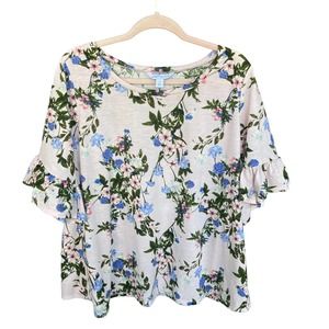 Boutique + Shirt Womens Plus Size 2X XXL Pink Floral Flutter Sleeve